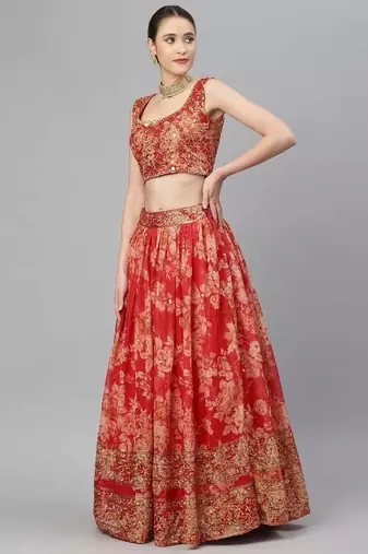 Red & Gold-Toned Embellished Sequinned Semi-Stitched Lehenga Choli