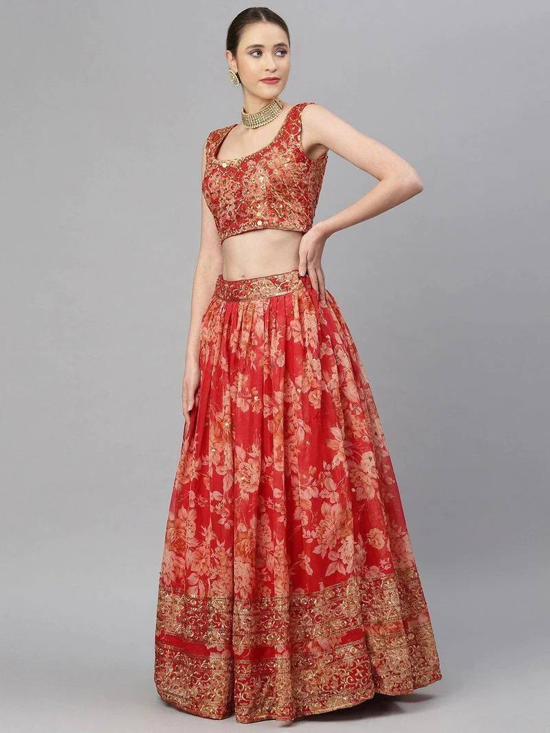Red & Gold-Toned Embellished Sequinned Semi-Stitched Lehenga Choli