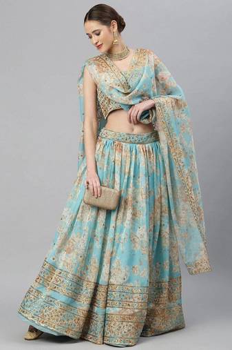Blue & Peach-Coloured Embellished Sequinned Embroidered Indian Wedding Lehenga dress