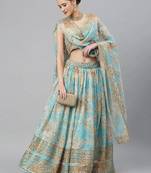 Blue & Peach-Coloured Embellished Sequinned Embroidered Indian Wedding Lehenga dress