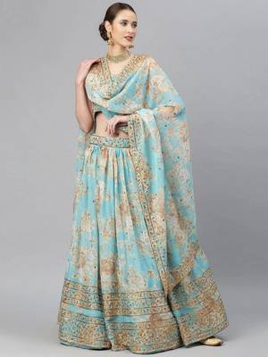 Blue & Peach-Coloured Embellished Sequinned Embroidered Indian Wedding Lehenga dress 2