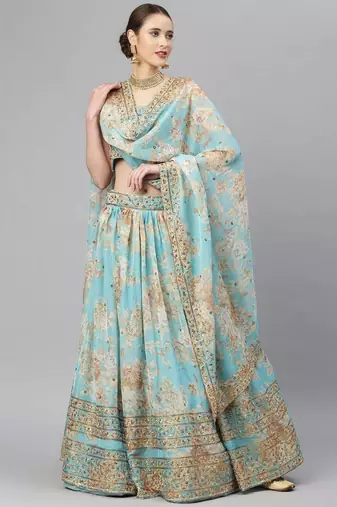 Blue & Peach-Coloured Embellished Sequinned Embroidered Indian Wedding Lehenga dress
