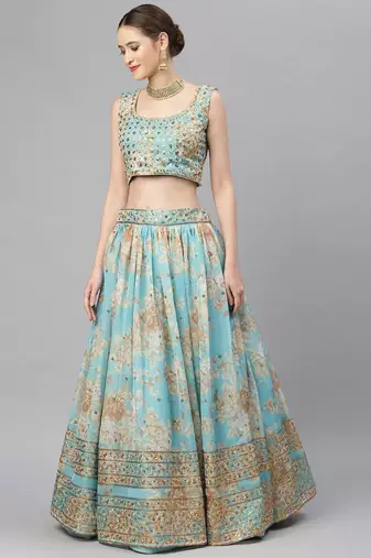 Blue & Peach-Coloured Embellished Sequinned Embroidered Indian Wedding Lehenga dress