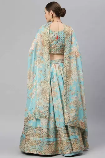 Blue & Peach-Coloured Embellished Sequinned Embroidered Indian Wedding Lehenga dress