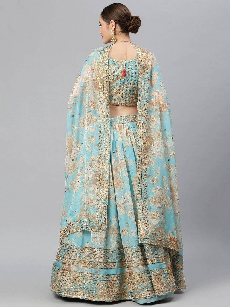 Blue & Peach-Coloured Embellished Sequinned Embroidered Indian Wedding Lehenga dress