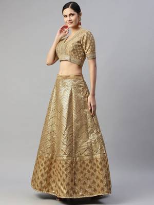Beige Embroidered Sequinned Unstitched Myntra Lehenga & Blouse With Dupatta 1