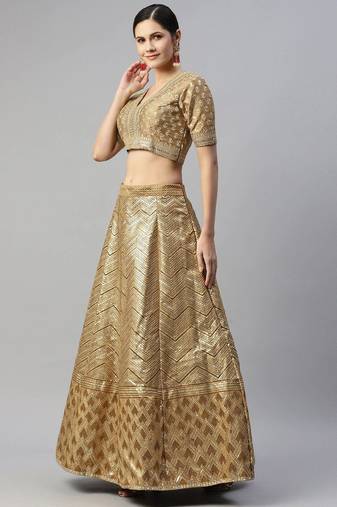 Beige Embroidered Sequinned Unstitched Myntra Lehenga & Blouse With Dupatta