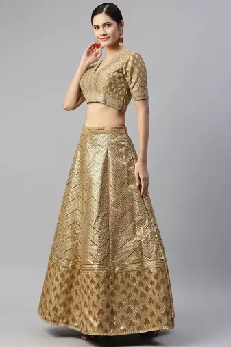 Beige Embroidered Sequinned Unstitched Myntra Lehenga & Blouse With Dupatta