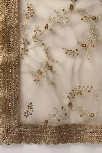 Beige Embroidered Sequinned Unstitched Myntra Lehenga & Blouse With Dupatta
