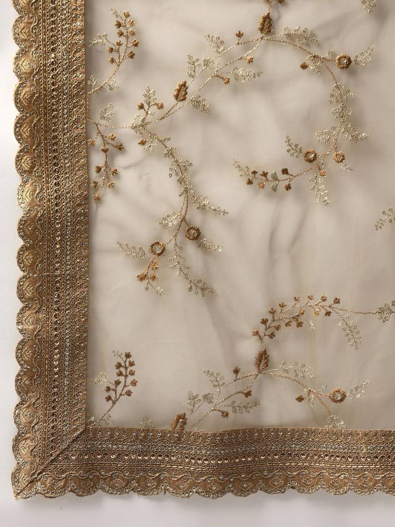 Beige Embroidered Sequinned Unstitched Myntra Lehenga & Blouse With Dupatta