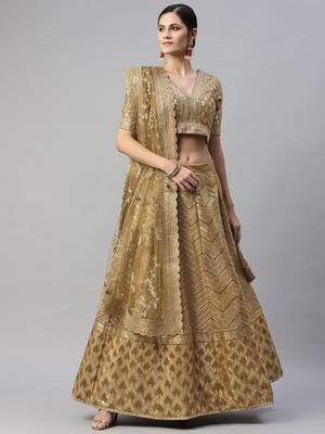 Beige Embroidered Sequinned Unstitched Myntra Lehenga & Blouse With Dupatta 4