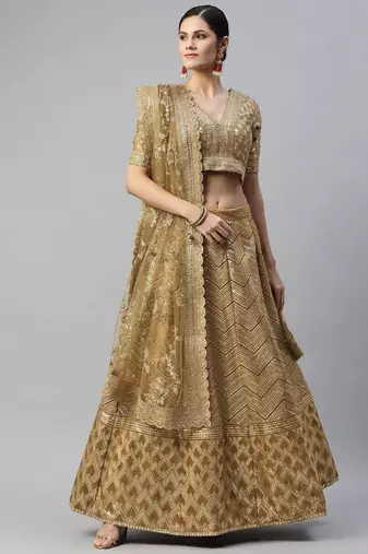 Beige Embroidered Sequinned Unstitched Myntra Lehenga & Blouse With Dupatta