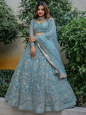 Stunning Aqua Blue Embroidered Soft Net Occasion Wear Lehenga Choli 1