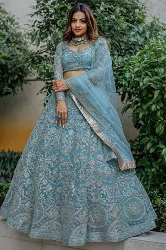 Stunning Aqua Blue Embroidered Soft Net Occasion Wear Lehenga Choli