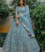Stunning Aqua Blue Embroidered Soft Net Occasion Wear Lehenga Choli