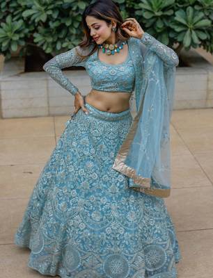 Stunning Aqua Blue Embroidered Soft Net Occasion Wear Lehenga Choli 2