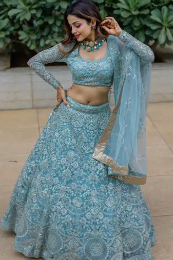 Stunning Aqua Blue Embroidered Soft Net Occasion Wear Lehenga Choli
