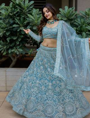 Stunning Aqua Blue Embroidered Soft Net Occasion Wear Lehenga Choli 4