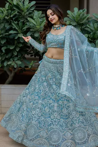 Stunning Aqua Blue Embroidered Soft Net Occasion Wear Lehenga Choli