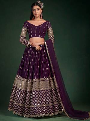 Alluring Dark Purple Zari Work georgette Wedding Wear Lehenga Choli 1