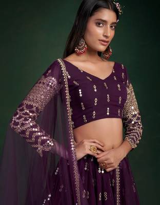 Alluring Dark Purple Zari Work georgette Wedding Wear Lehenga Choli 4
