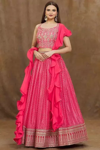 Stunning Pink Digital Printed Chinon Reception Wear Lehenga Choli