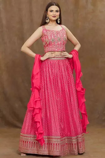 Stunning Pink Digital Printed Chinon Reception Wear Lehenga Choli