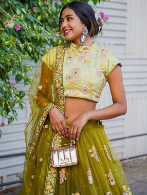 Ravishing Green Mirror Embroidered Net Reception Wear Lehenga Choli 4