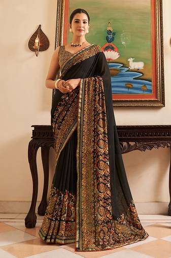 Black paisley print georgette designer saree