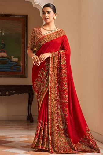 Red paisley print georgette designer saree