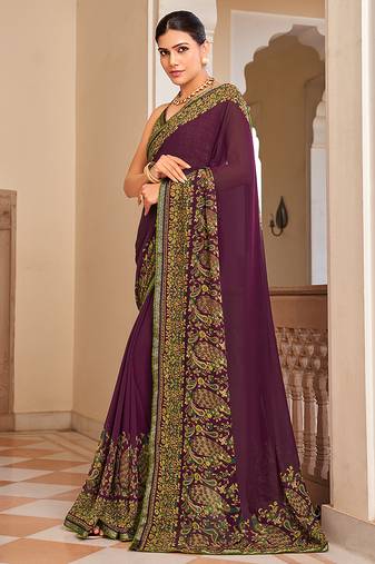 Purple paisley print georgette designer saree