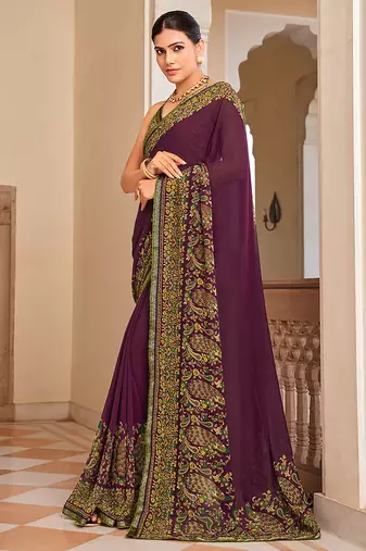 Purple paisley print georgette designer saree