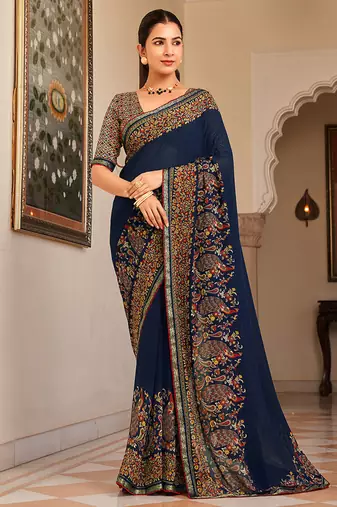 Navy blue paisley print georgette designer saree