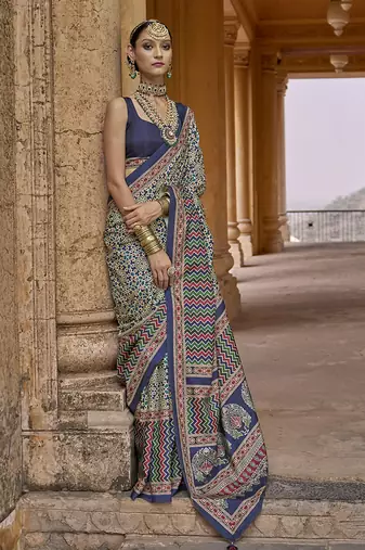 Silk blend navy blue block print classic saree