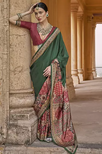 Paisley print silk blend green contemporary saree