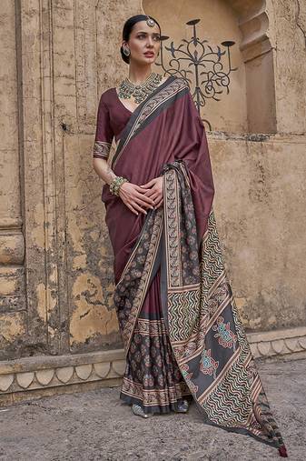 Paisley print wine silk blend trendy saree