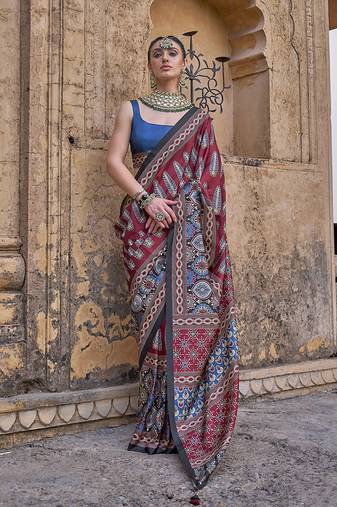 Paisley print maroon silk blend trendy saree