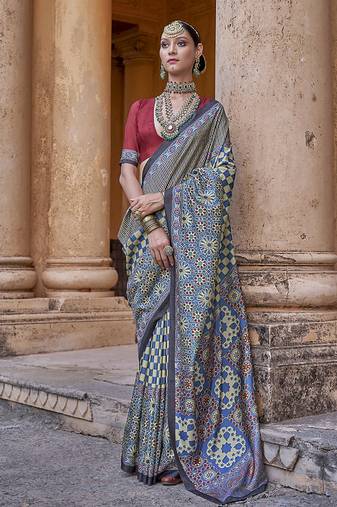 Paisley print blue silk blend trendy saree