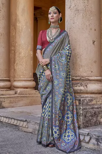 Paisley print blue silk blend trendy saree