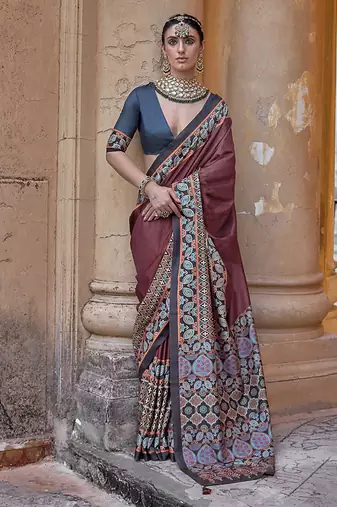 Paisley print maroon silk blend trendy saree