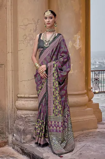 Silk blend block print traditional saree in purple