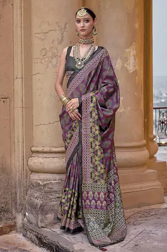 Silk blend block print traditional saree in purple