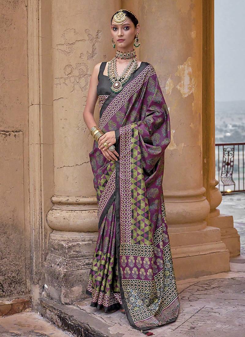 Silk blend block print traditional saree in purple