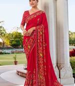 Red printed georgette contemporary saree