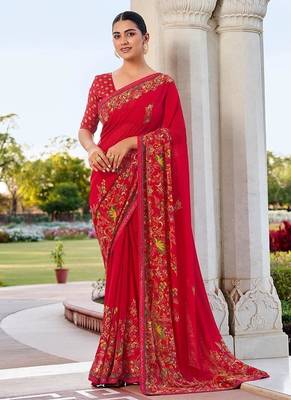 Red printed faux georgette saree 2