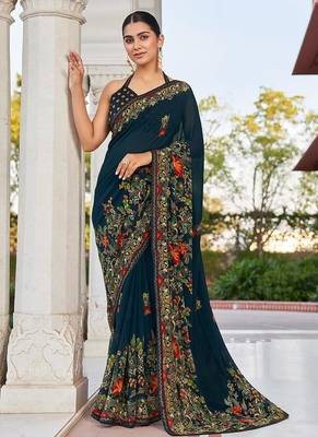 Navy blue printed faux georgette saree 1