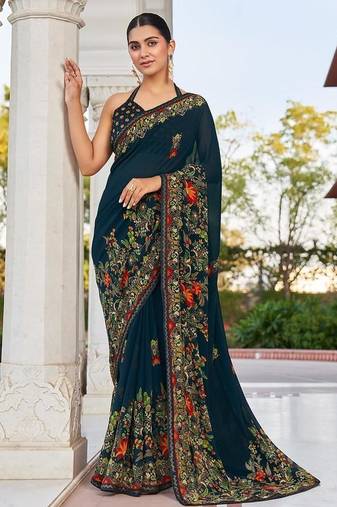 Navy blue printed georgette contemporary saree