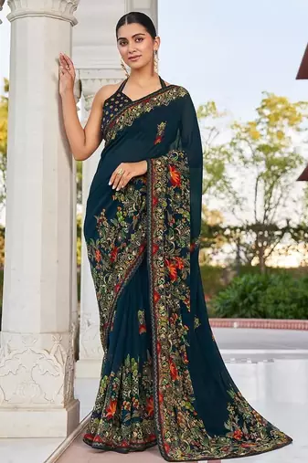 Navy blue printed georgette contemporary saree