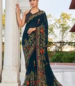 Navy blue printed georgette contemporary saree