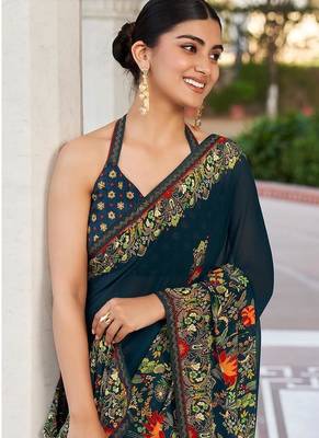 Navy blue printed faux georgette saree 2